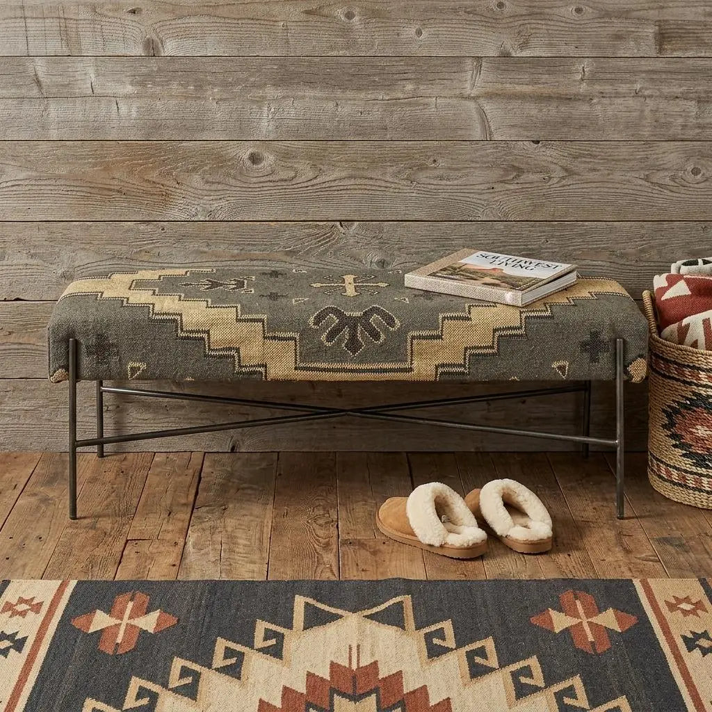 55" Green Brown and Black Upholstered Abstract Cotton Blend Bench Homeroots Living Room