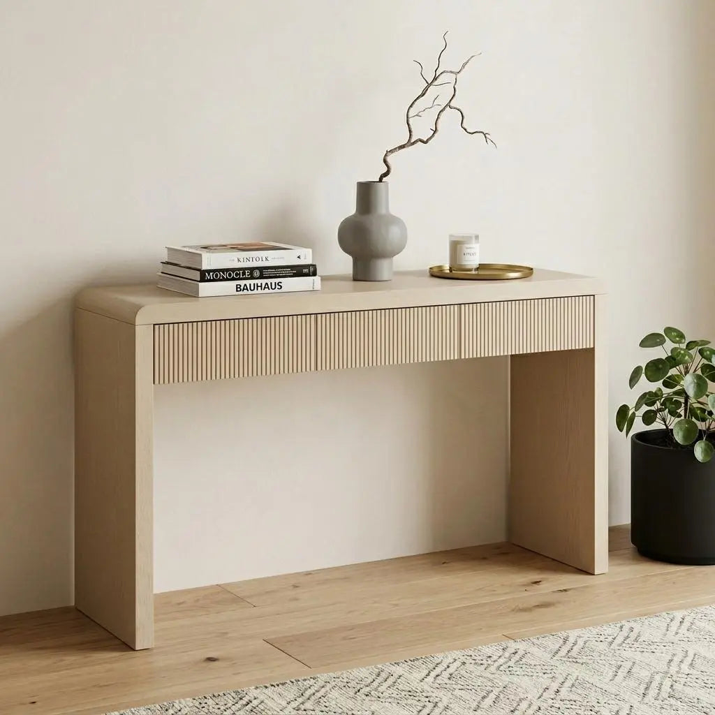 55" Natural Wood Double Pedestal Console Table With Three Drawers Homeroots Living Room