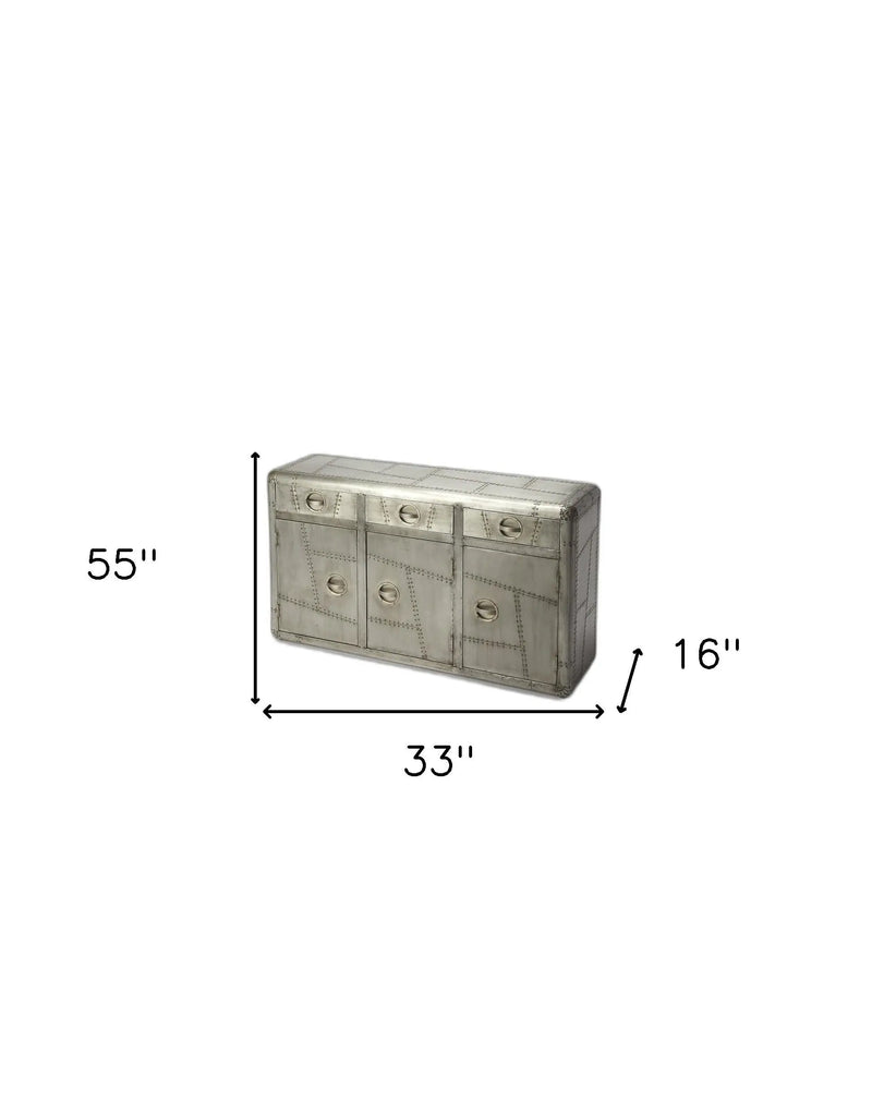 55" Silver Steel Console Accent Cabinet With Three Drawers Homeroots Kitchen & Dining
