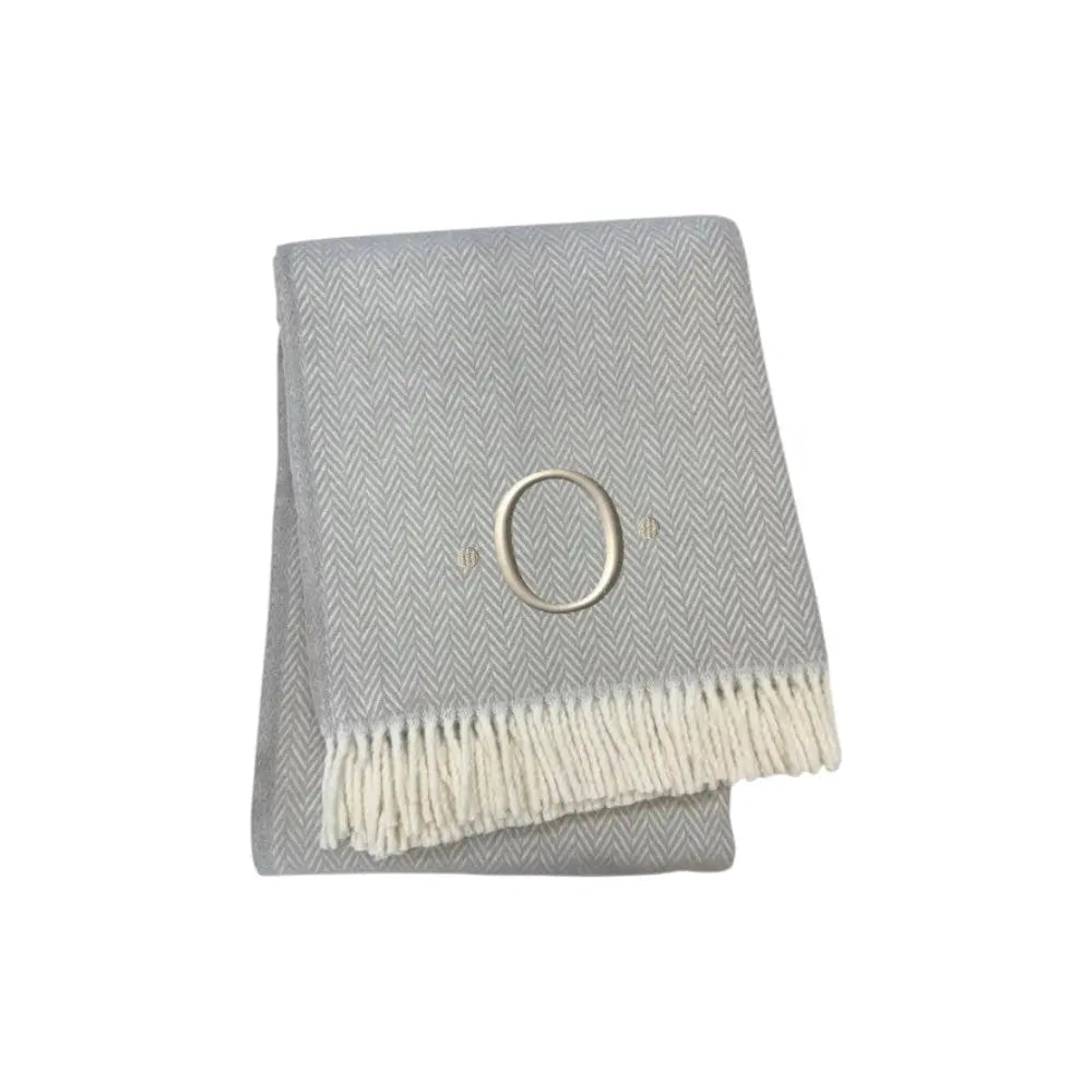 55" X 70" Gray And White Herringbone Cotton Blend O Initial Throw Blanket with Tassels And Embroidery Homeroots Home Decor
