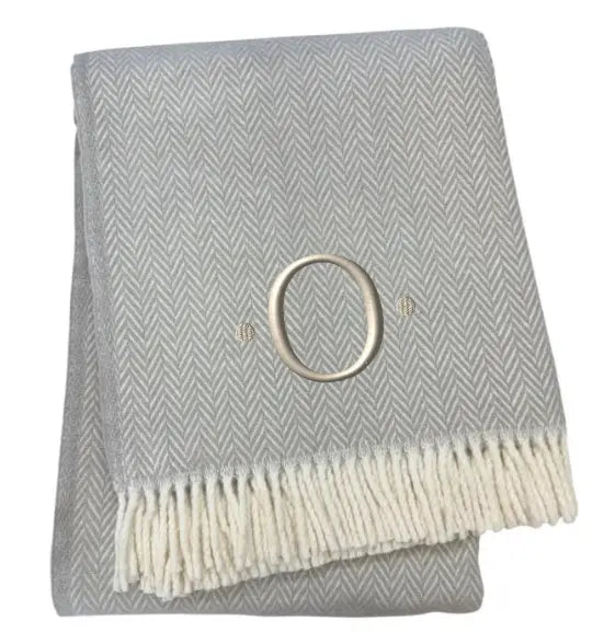 55" X 70" Gray And White Herringbone Cotton Blend O Initial Throw Blanket with Tassels And Embroidery Homeroots Home Decor