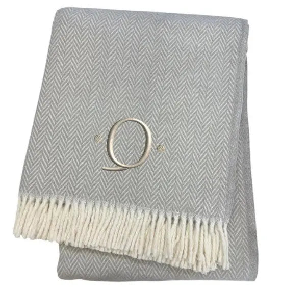55" X 70" Gray And White Herringbone Cotton Blend Q Initial Throw Blanket with Tassels And Embroidery Homeroots Home Decor