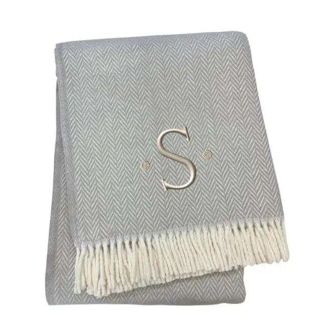 55" X 70" Gray And White Herringbone Cotton Blend S Initial Throw Blanket with Tassels And Embroidery Homeroots Home Decor