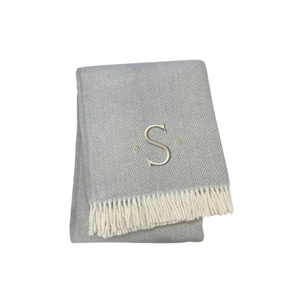 55" X 70" Gray And White Herringbone Cotton Blend S Initial Throw Blanket with Tassels And Embroidery Homeroots Home Decor