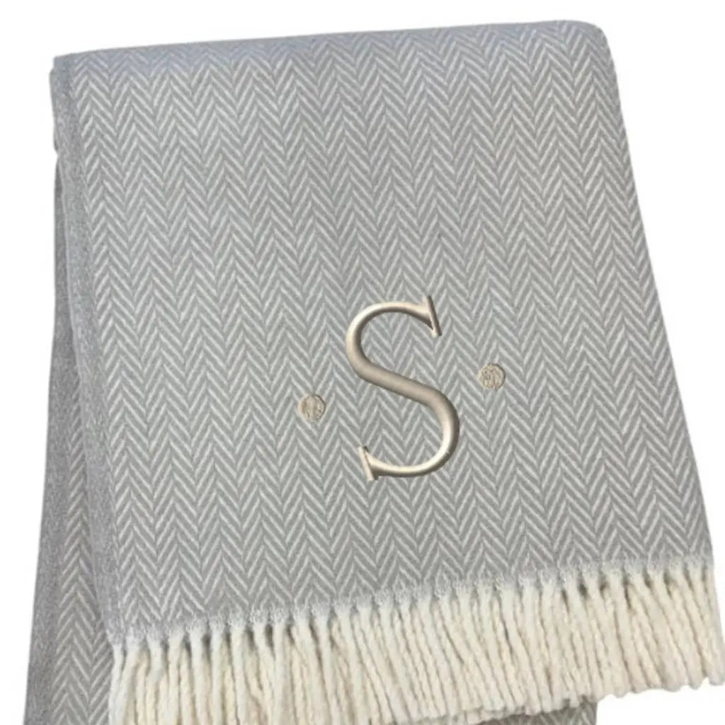 55" X 70" Gray And White Herringbone Cotton Blend S Initial Throw Blanket with Tassels And Embroidery Homeroots Home Decor
