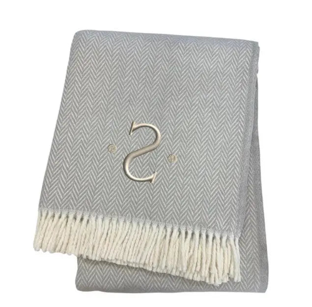 55" X 70" Gray And White Herringbone Cotton Blend S Initial Throw Blanket with Tassels And Embroidery Homeroots Home Decor