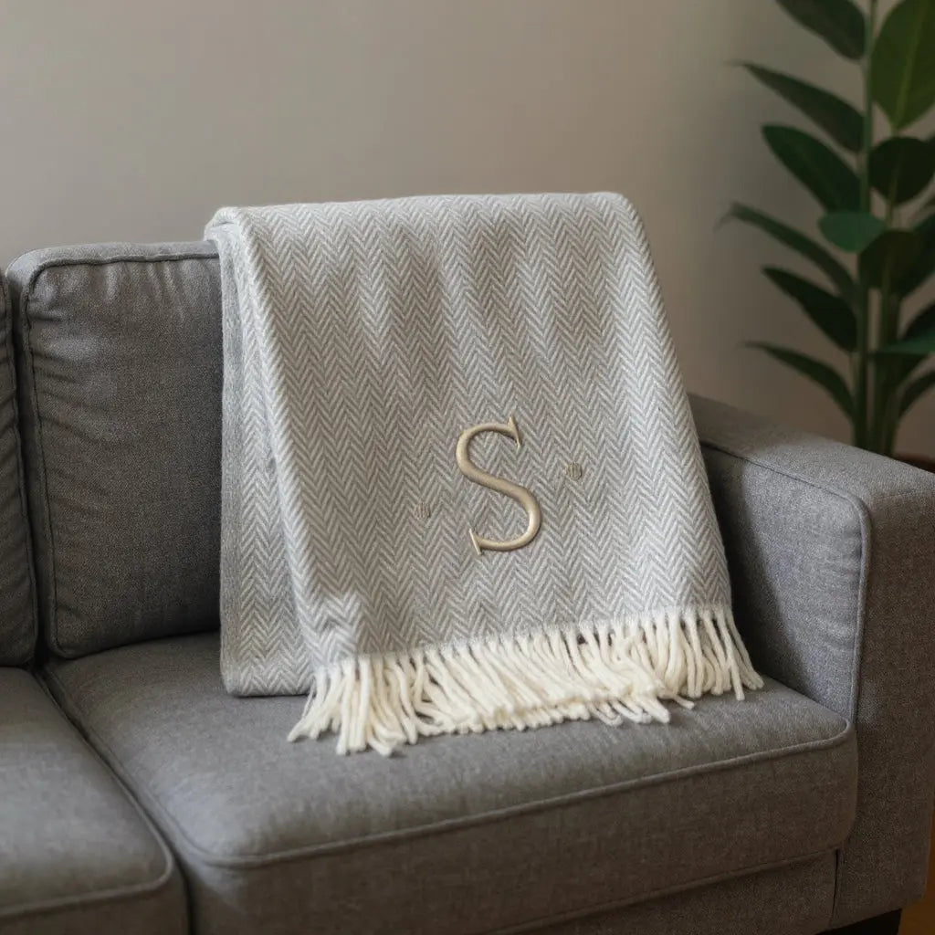 55" X 70" Gray And White Herringbone Cotton Blend S Initial Throw Blanket with Tassels And Embroidery Homeroots Home Decor