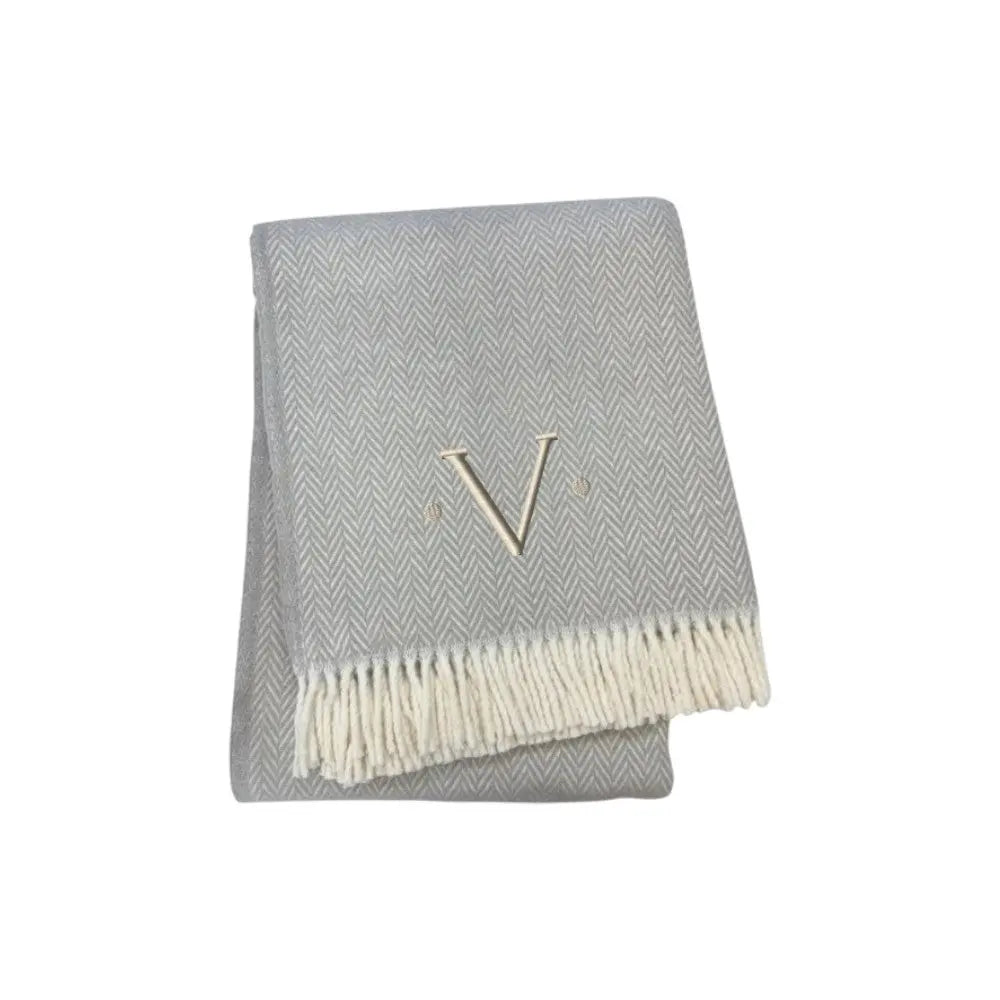 55" X 70" Gray And White Herringbone Cotton Blend V Initial Throw Blanket with Tassels And Embroidery Homeroots Home Decor