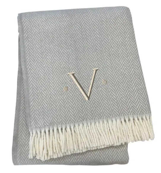 55" X 70" Gray And White Herringbone Cotton Blend V Initial Throw Blanket with Tassels And Embroidery Homeroots Home Decor