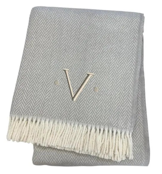 55" X 70" Gray And White Herringbone Cotton Blend V Initial Throw Blanket with Tassels And Embroidery Homeroots Home Decor