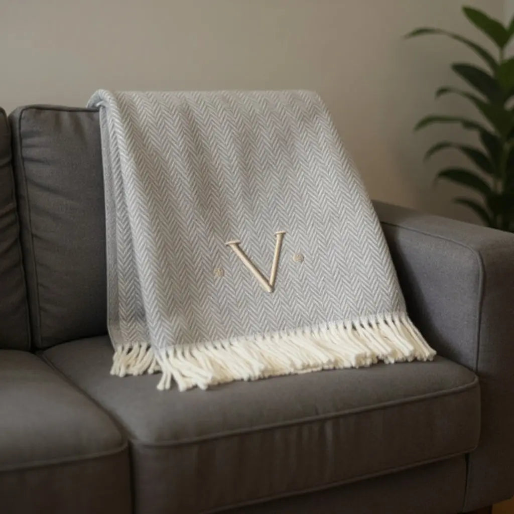55" X 70" Gray And White Herringbone Cotton Blend V Initial Throw Blanket with Tassels And Embroidery Homeroots Home Decor