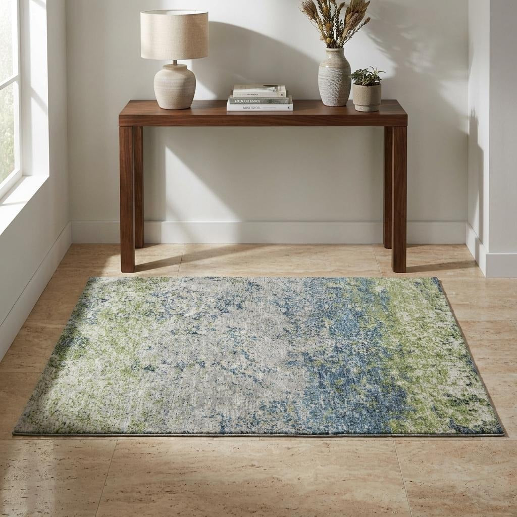 3' X 5' Green And Navy Blue Abstract Shag Washable Area Rug With UV Protection - Home & Garden