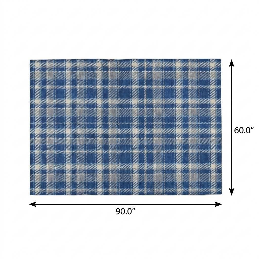 5' X 8' Navy Blue And Denim Blue Plaid Shag Washable Area Rug With UV Protection - Home & Garden