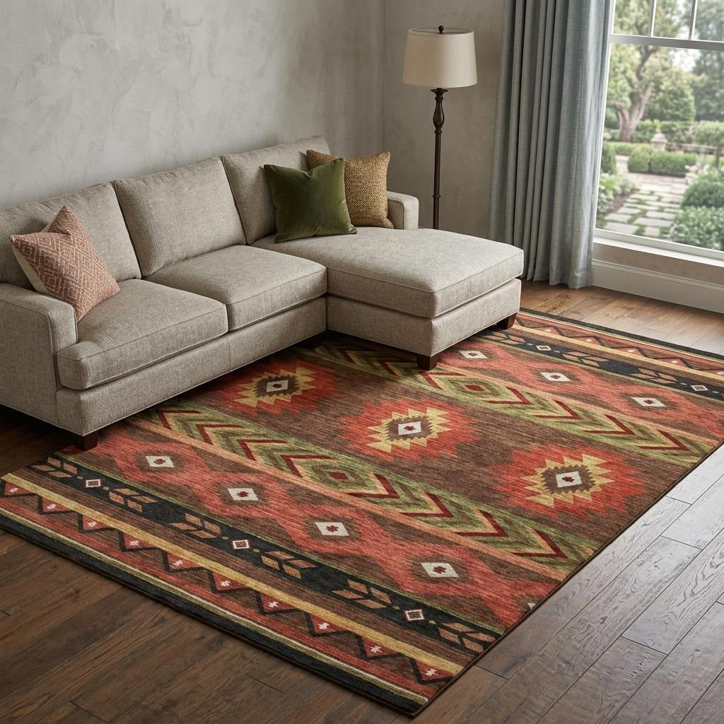 10' X 14' Brown And Red Geometric Shag Washable Area Rug With UV Protection - Home & Garden