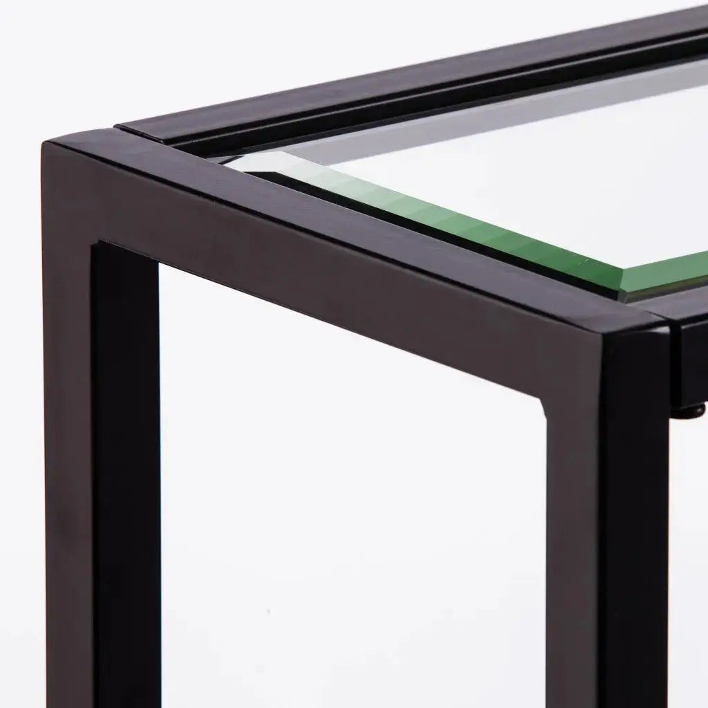 56" Clear and Black Glass Frame Console Table With Shelves Homeroots Living Room