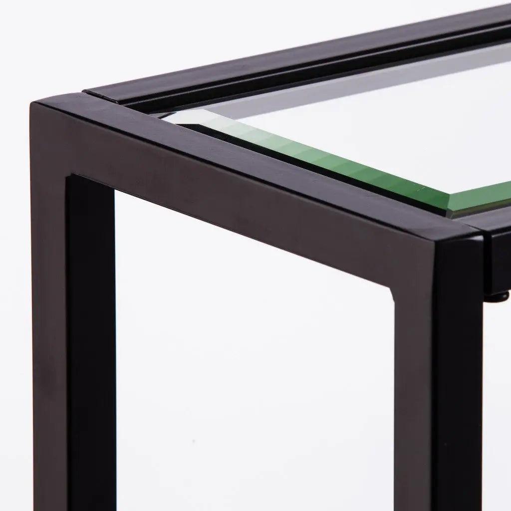 56" Clear and Black Glass Frame Console Table With Shelves Homeroots Living Room