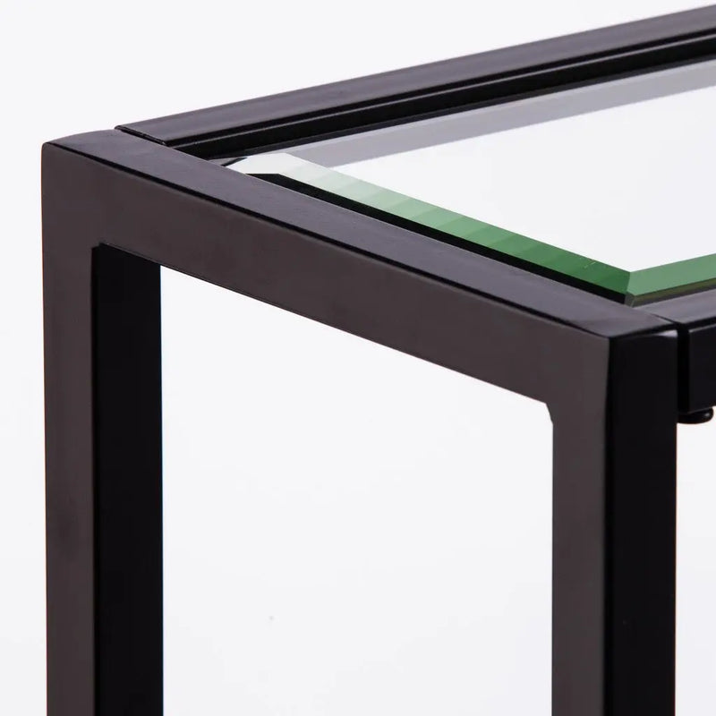 56" Clear and Black Glass Frame Console Table With Shelves Homeroots Living Room