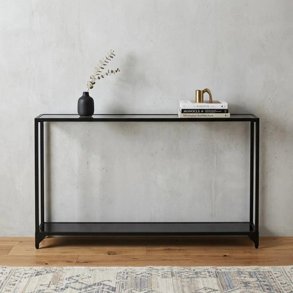 56" Clear and Black Glass Frame Console Table With Shelves Homeroots Living Room