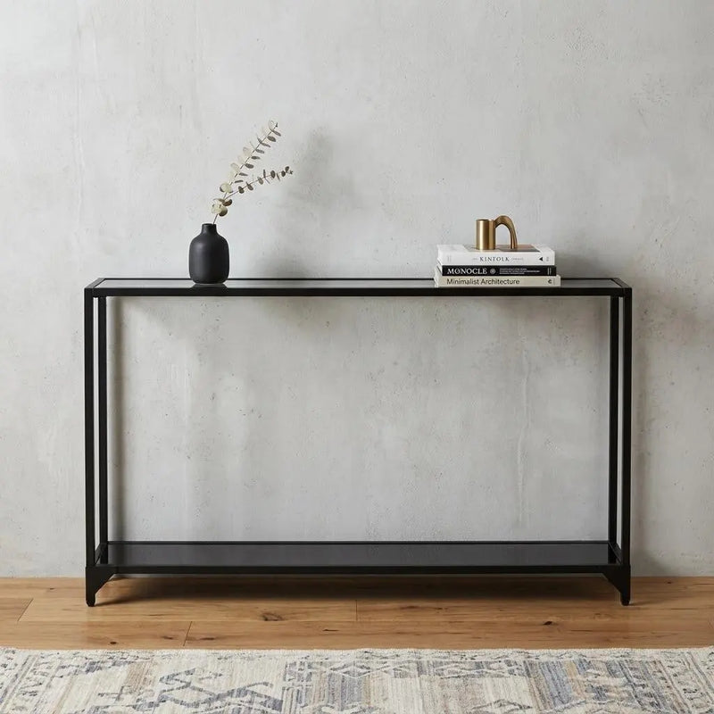 56" Clear and Black Glass Frame Console Table With Shelves Homeroots Living Room