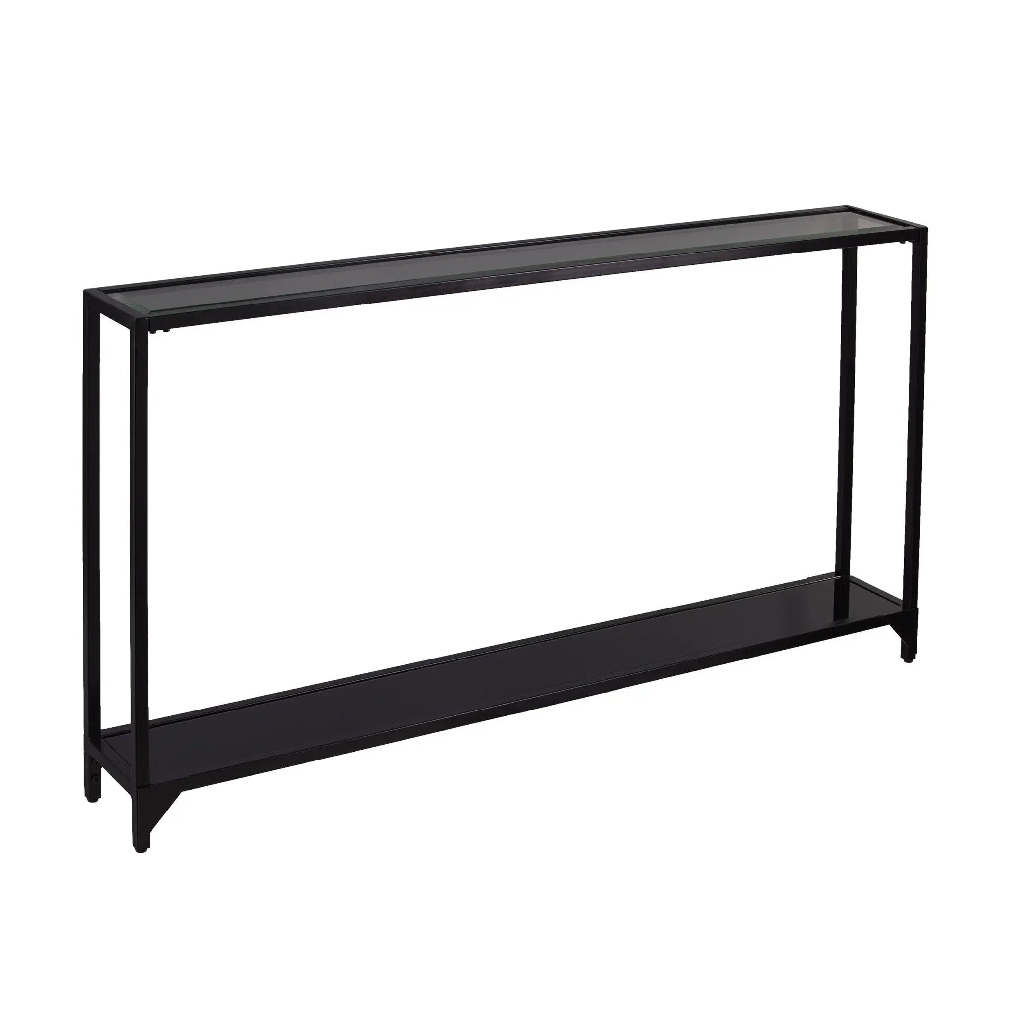 56" Clear and Black Glass Frame Console Table With Shelves Homeroots Living Room