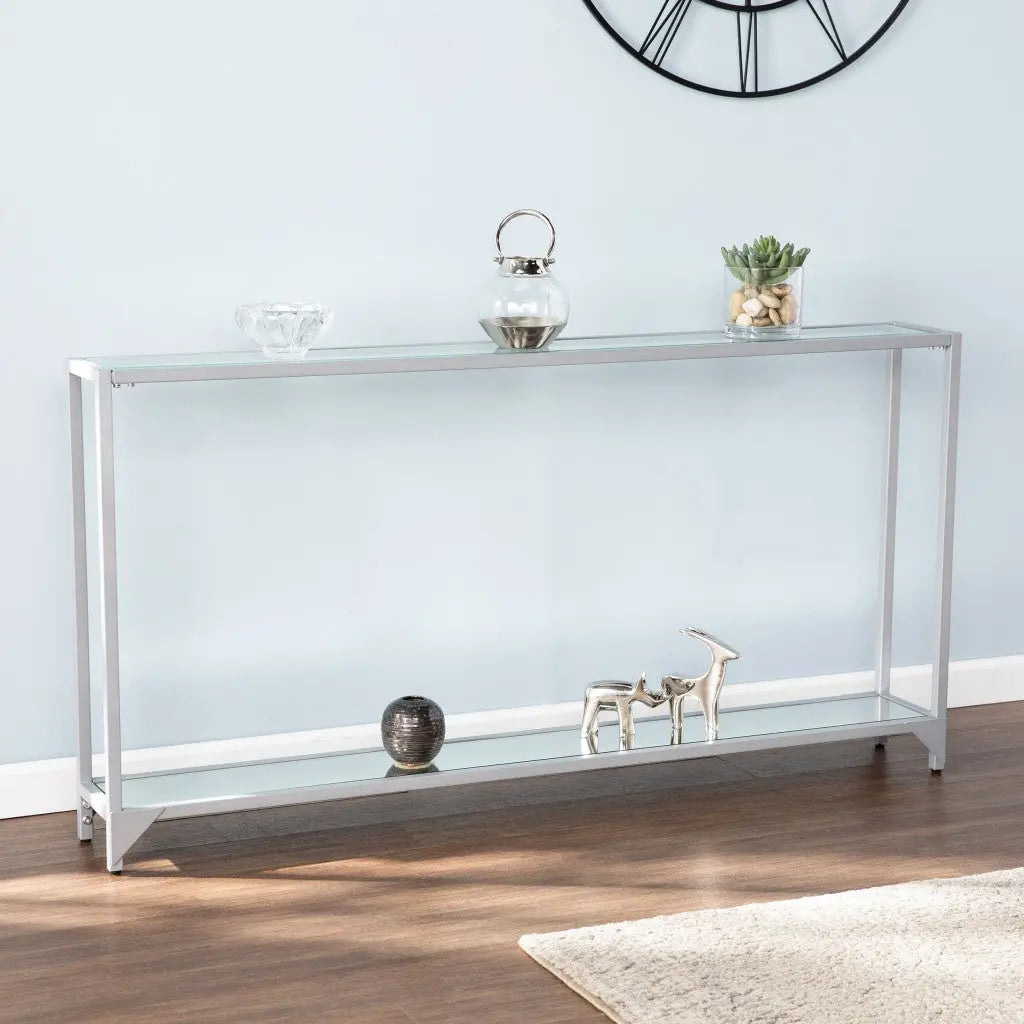 56" Clear and Silver Glass Mirrored Floor Shelf Console Table With Storage Homeroots Living Room