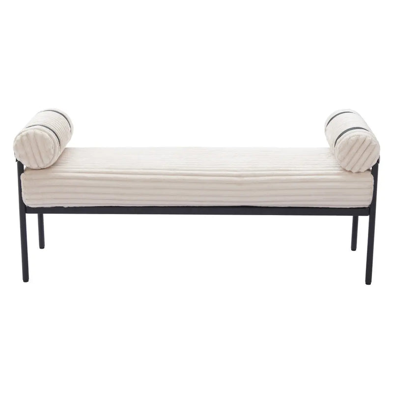 56" Cream and Black Fabric and Steel Upholstered Bench Homeroots Living Room