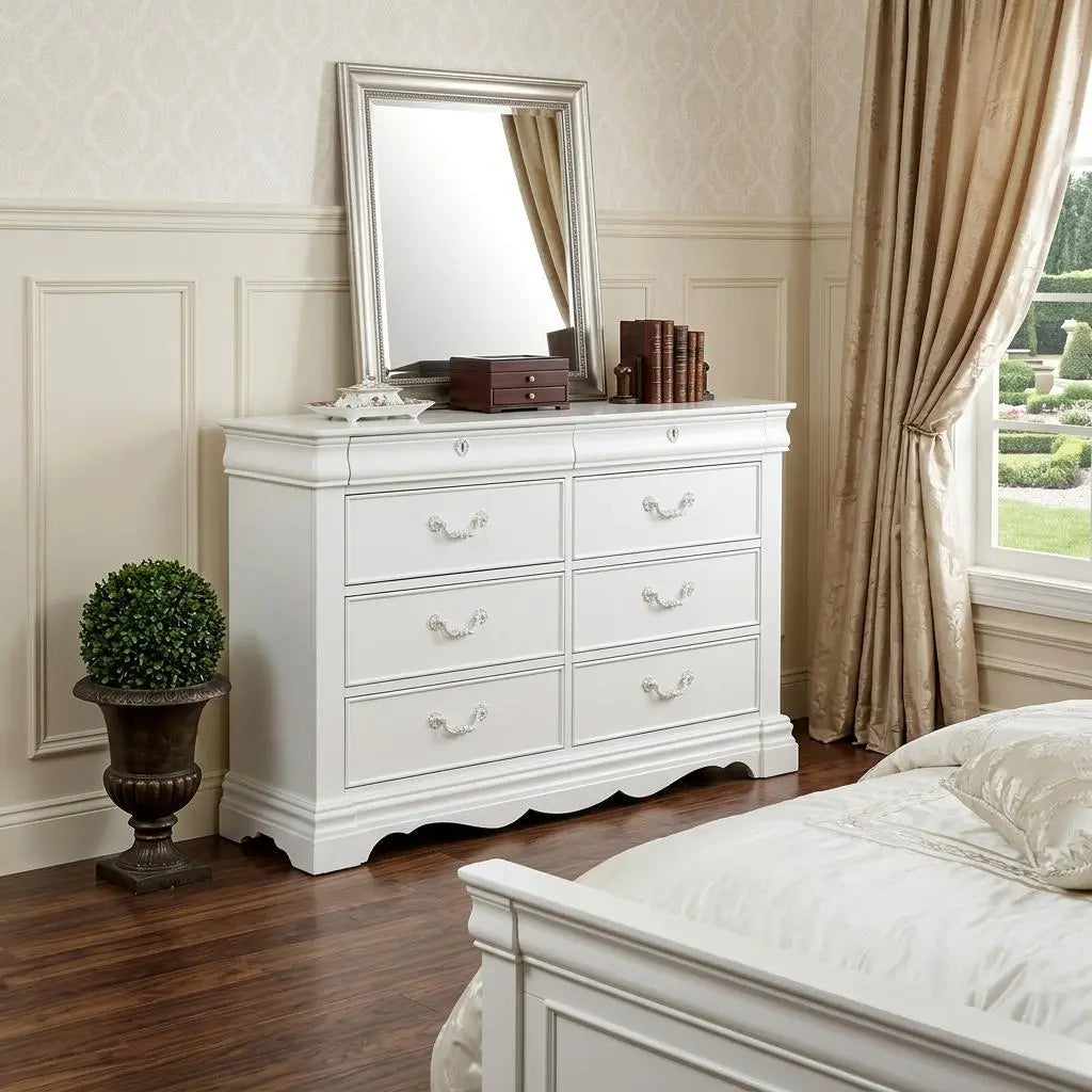 56" White Solid Wood Eight Drawer Double Dresser Homeroots Bed & Bath