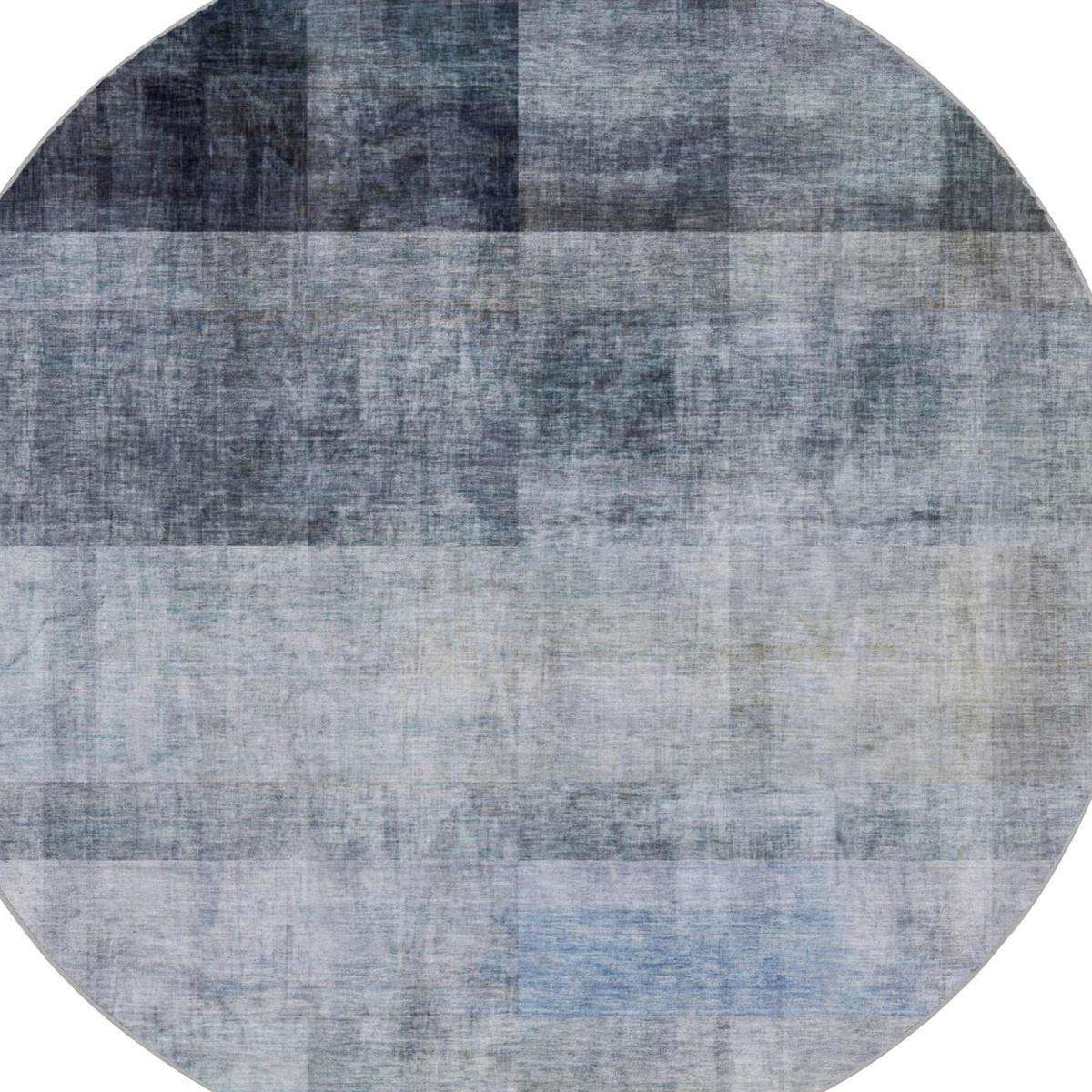 8' Navy Blue And Gray Geometric Shag Washable Round Rug With UV Protection - Home & Garden