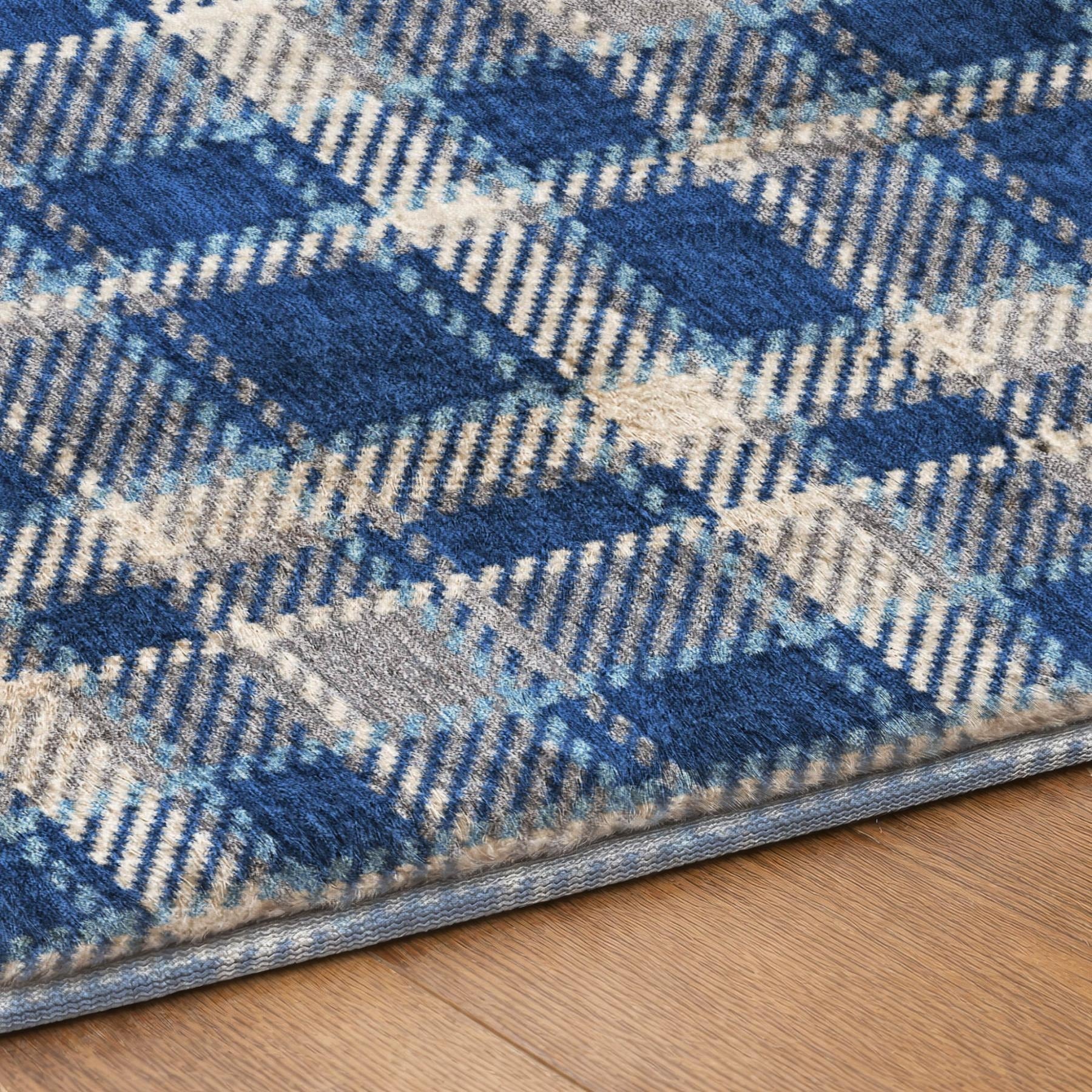 5' X 8' Navy Blue And Denim Blue Plaid Shag Washable Area Rug With UV Protection - Home & Garden