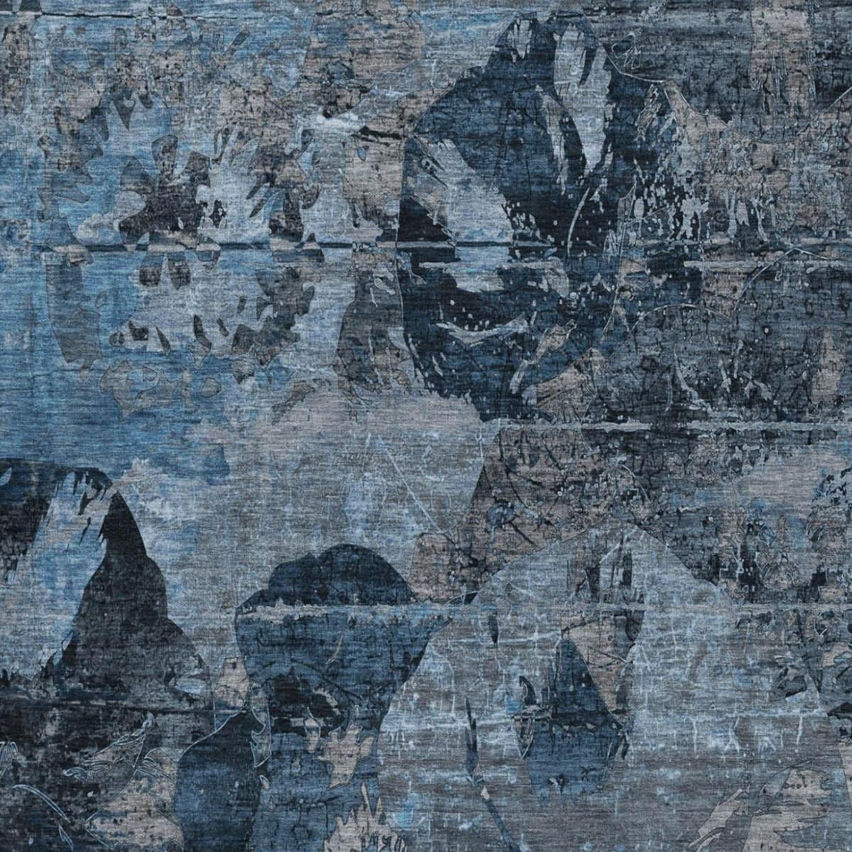 5' X 8' Denim Blue And Navy Blue Abstract Shag Washable Area Rug With UV Protection - Home & Garden