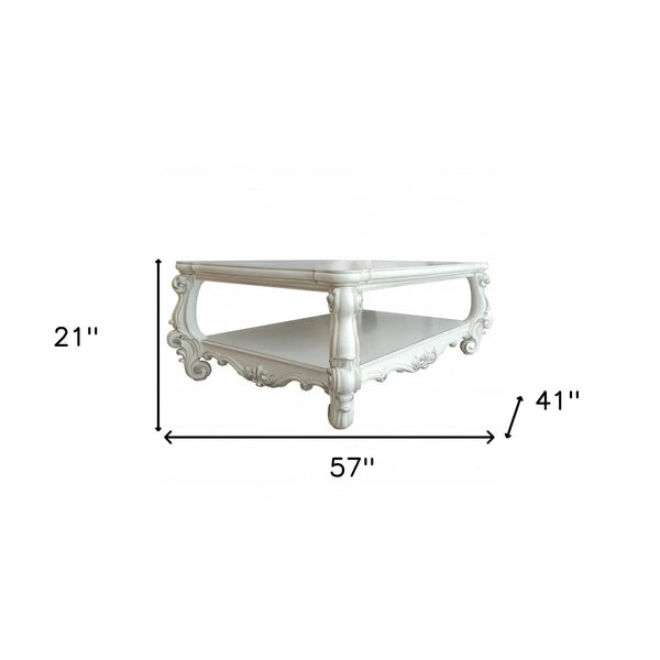 57" Antiqued White Wood Coffee Table With Shelf Homeroots Living Room