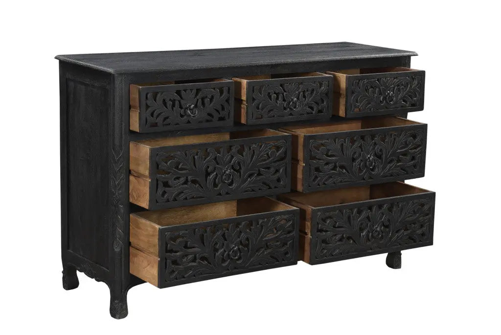 57" Black Solid Wood Seven Drawer Dresser Homeroots Bed & Bath