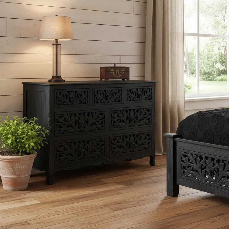 57" Black Solid Wood Seven Drawer Dresser Homeroots Bed & Bath