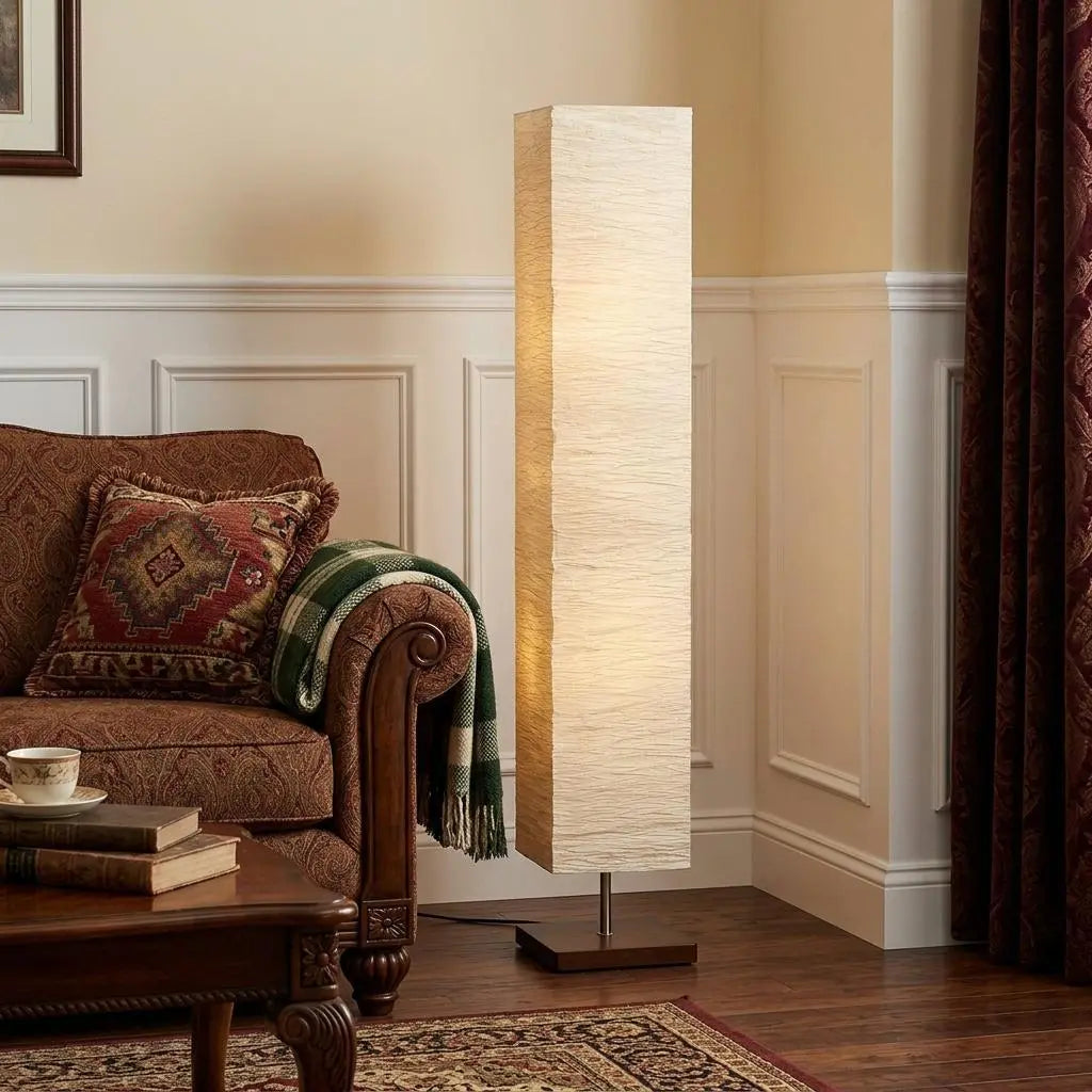 57" Brown And White Two Light Column Floor Lamp With White Paper Rectangular Shade Homeroots Lighting