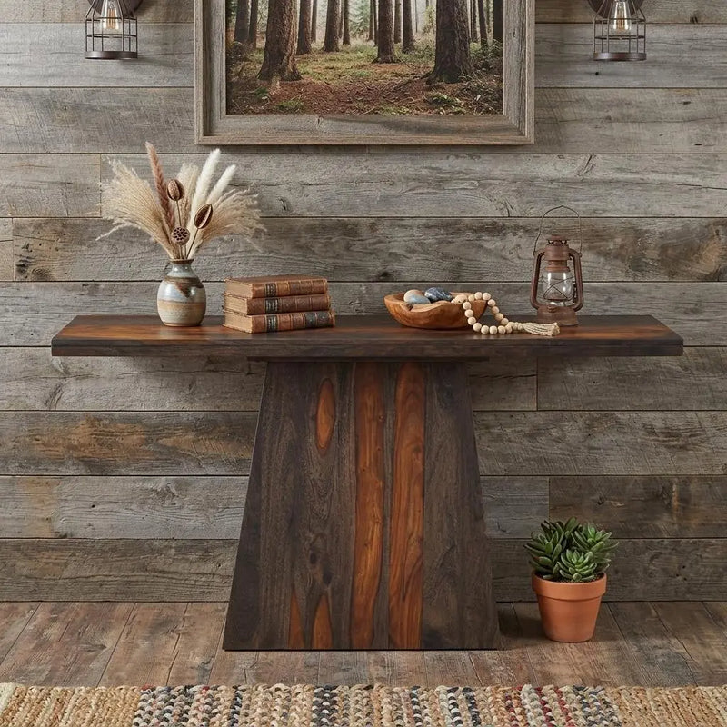 57" Dark Brown Solid Wood Pedestal Console Table Homeroots