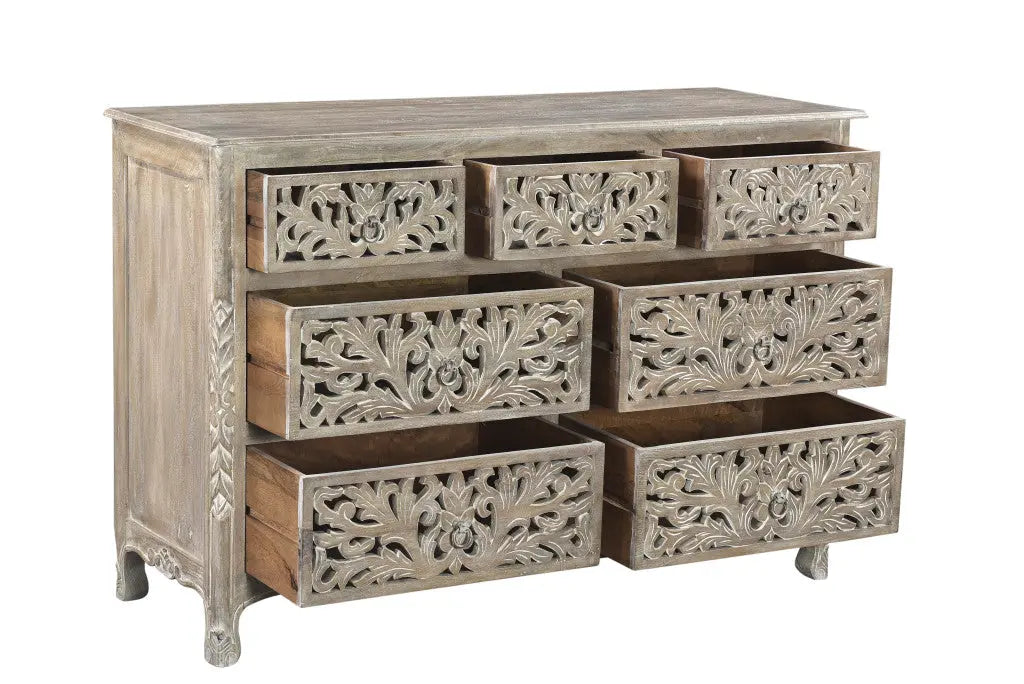 57" Gray Solid Wood Seven Drawer Dresser Homeroots Bed & Bath