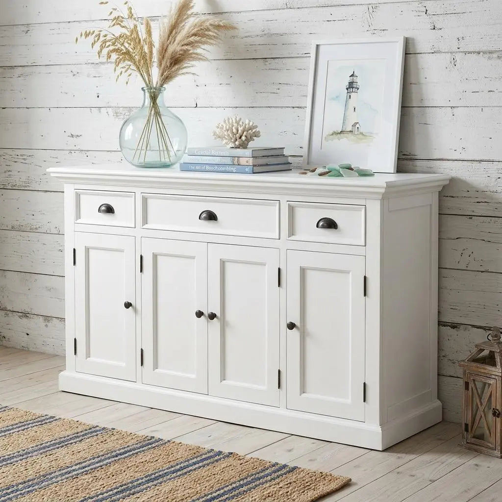 57" White Solid Wood Three Drawer Sideboard Homeroots Kitchen & Dining