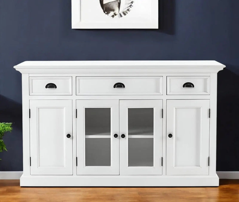 57" White Solid Wood Three Drawer Sideboard with Four Glass Doors Homeroots Kitchen & Dining