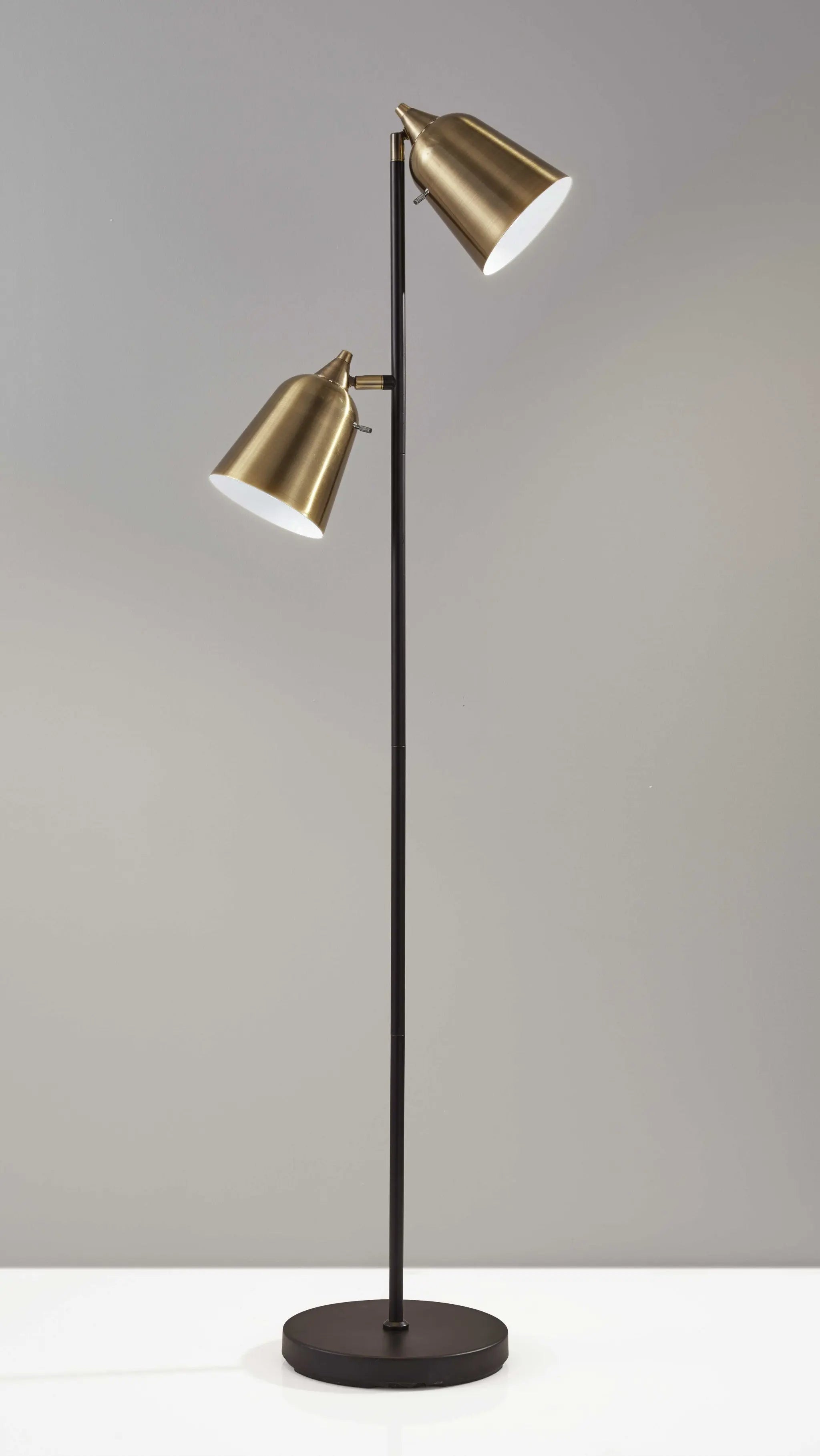 58" Black Two Light Task Floor Lamp With Antiqued Brass Metal Cone Shade - GreatEagleInc