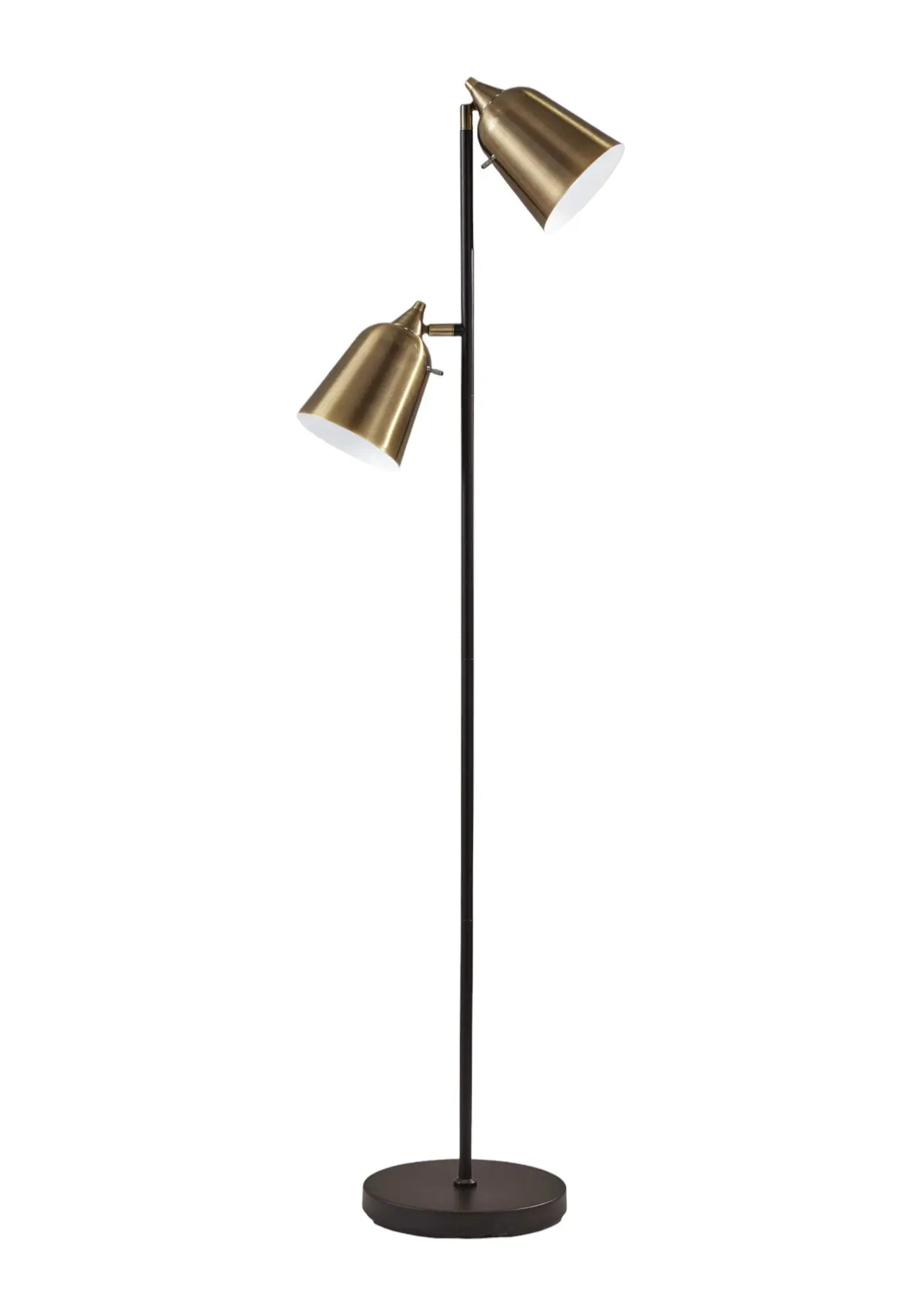58" Black Two Light Task Floor Lamp With Antiqued Brass Metal Cone Shade - GreatEagleInc