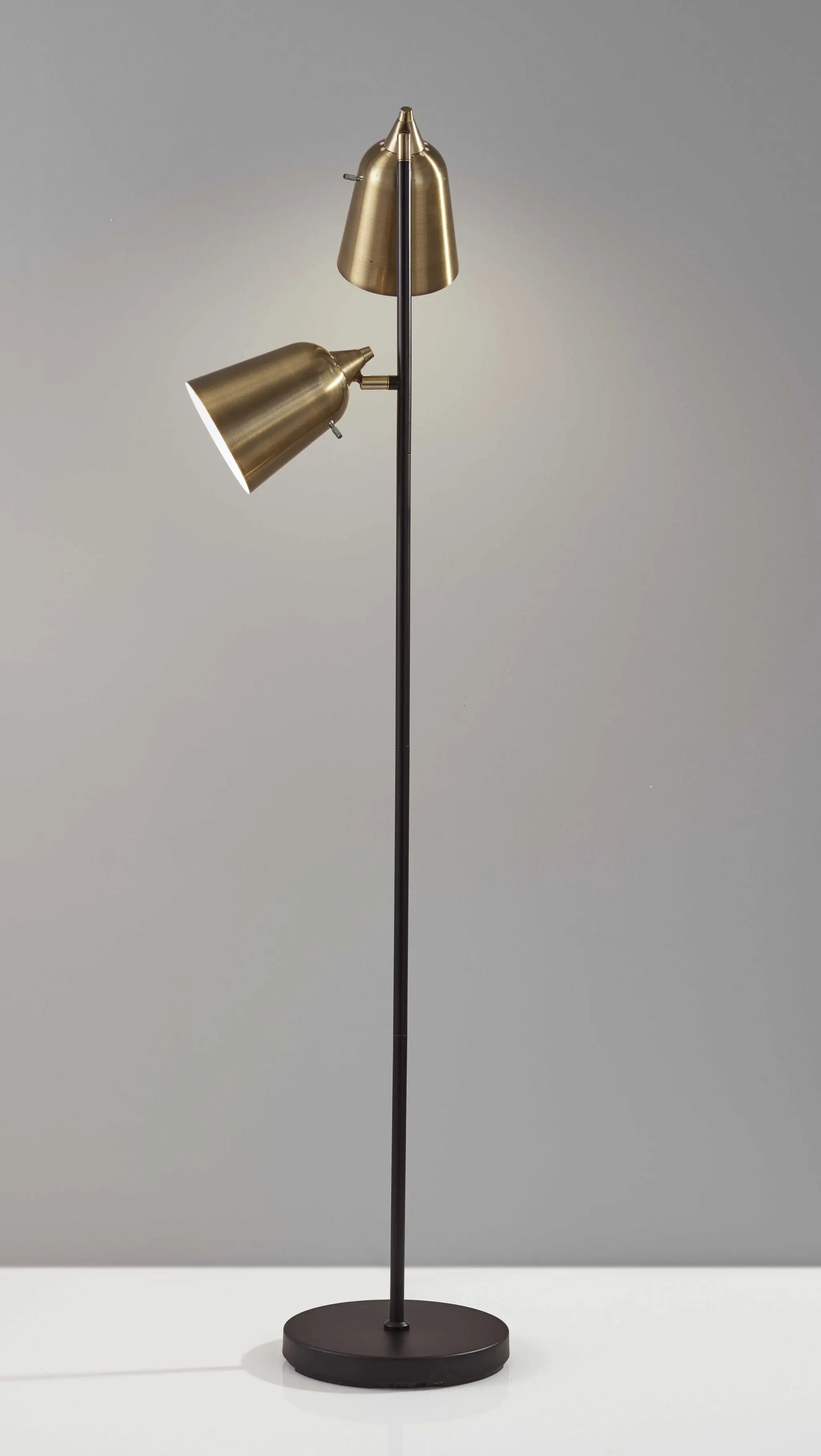 58" Black Two Light Task Floor Lamp With Antiqued Brass Metal Cone Shade - GreatEagleInc