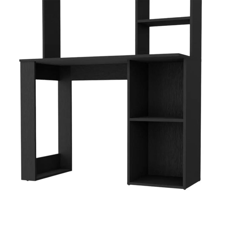 Modern black wooden computer desk with open shelves and storage cubbies, ideal for home office organization.