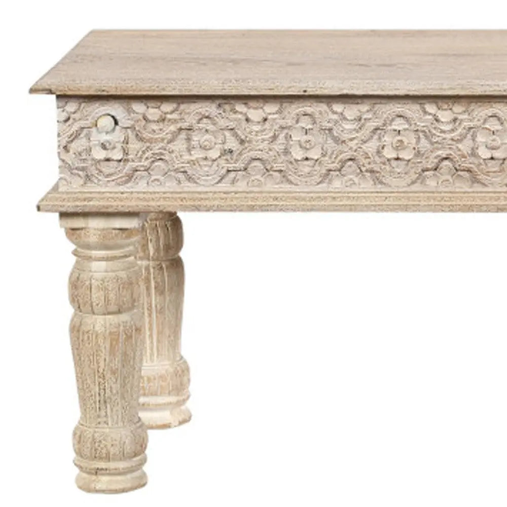 58" White Floral Distressed Solid Wood Dining Bench Homeroots Living Room