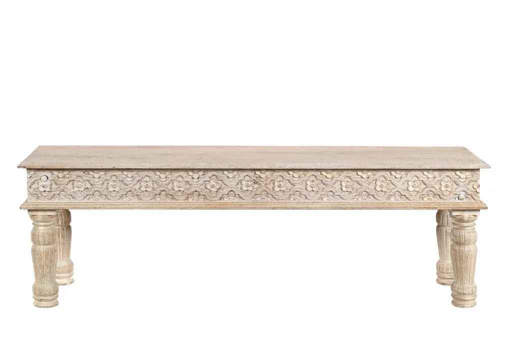 58" White Floral Distressed Solid Wood Dining Bench Homeroots Living Room