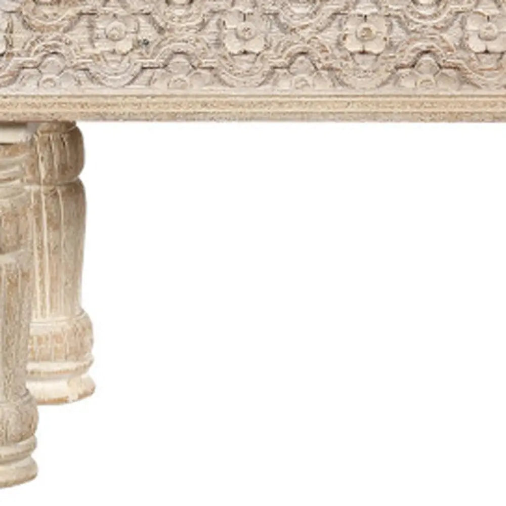 58" White Floral Distressed Solid Wood Dining Bench Homeroots Living Room