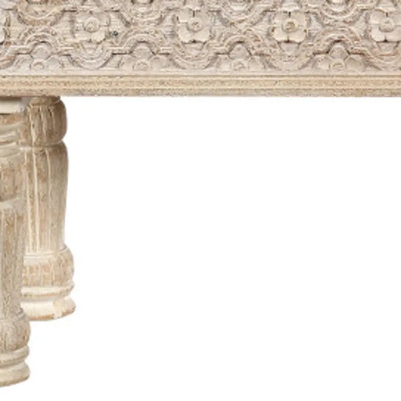 58" White Floral Distressed Solid Wood Dining Bench Homeroots Living Room