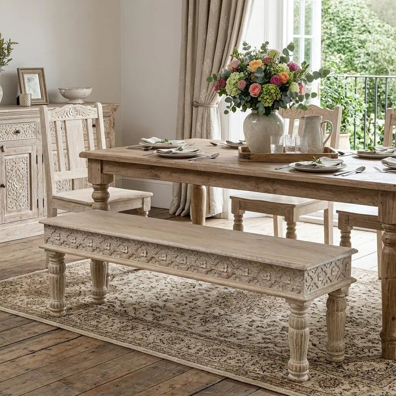58" White Floral Distressed Solid Wood Dining Bench Homeroots Living Room