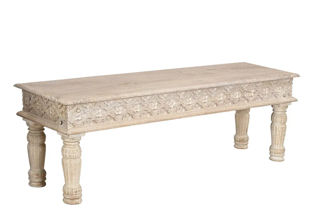 58" White Floral Distressed Solid Wood Dining Bench Homeroots Living Room