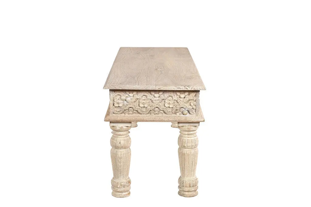 58" White Floral Distressed Solid Wood Dining Bench Homeroots Living Room