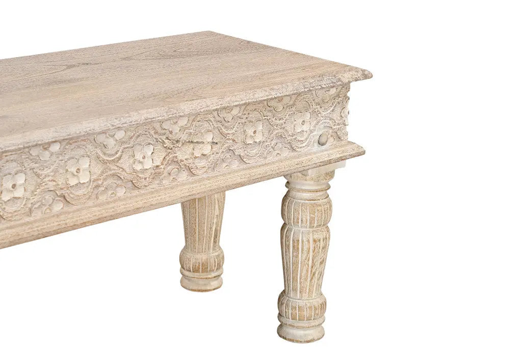 58" White Floral Distressed Solid Wood Dining Bench Homeroots Living Room